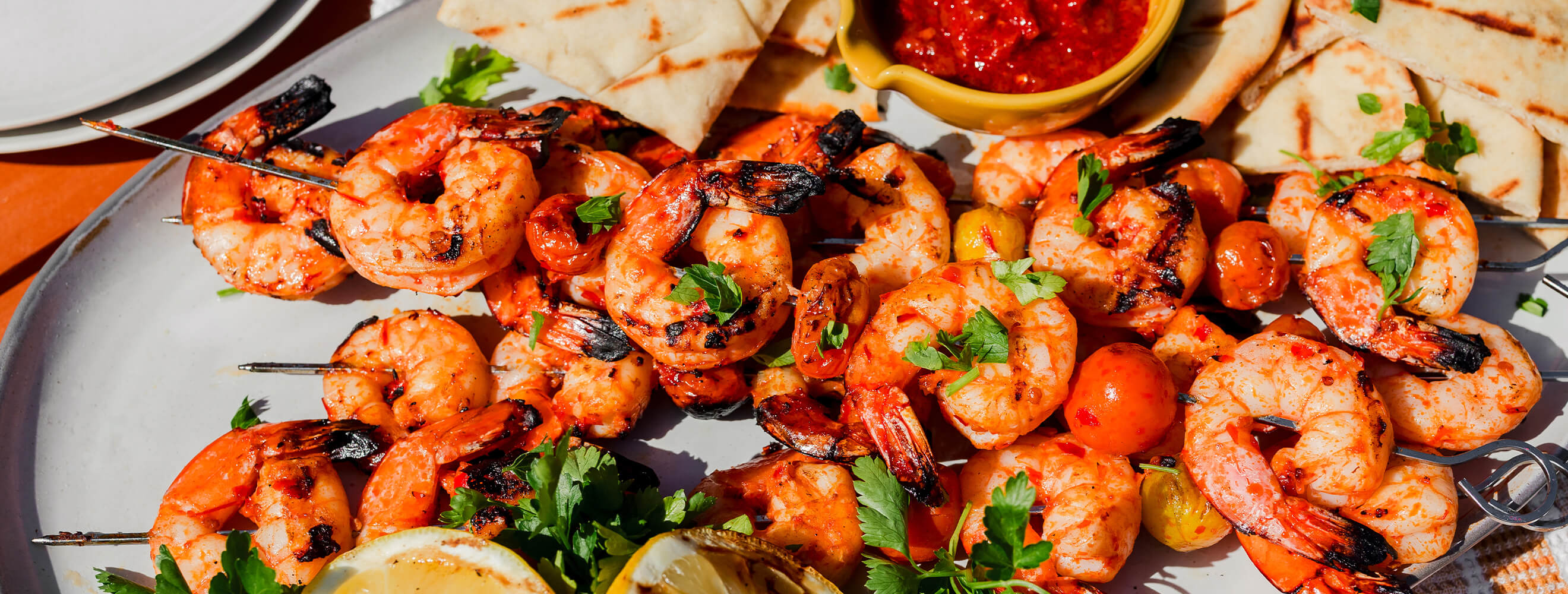 Marinated harissa shrimp skewers.