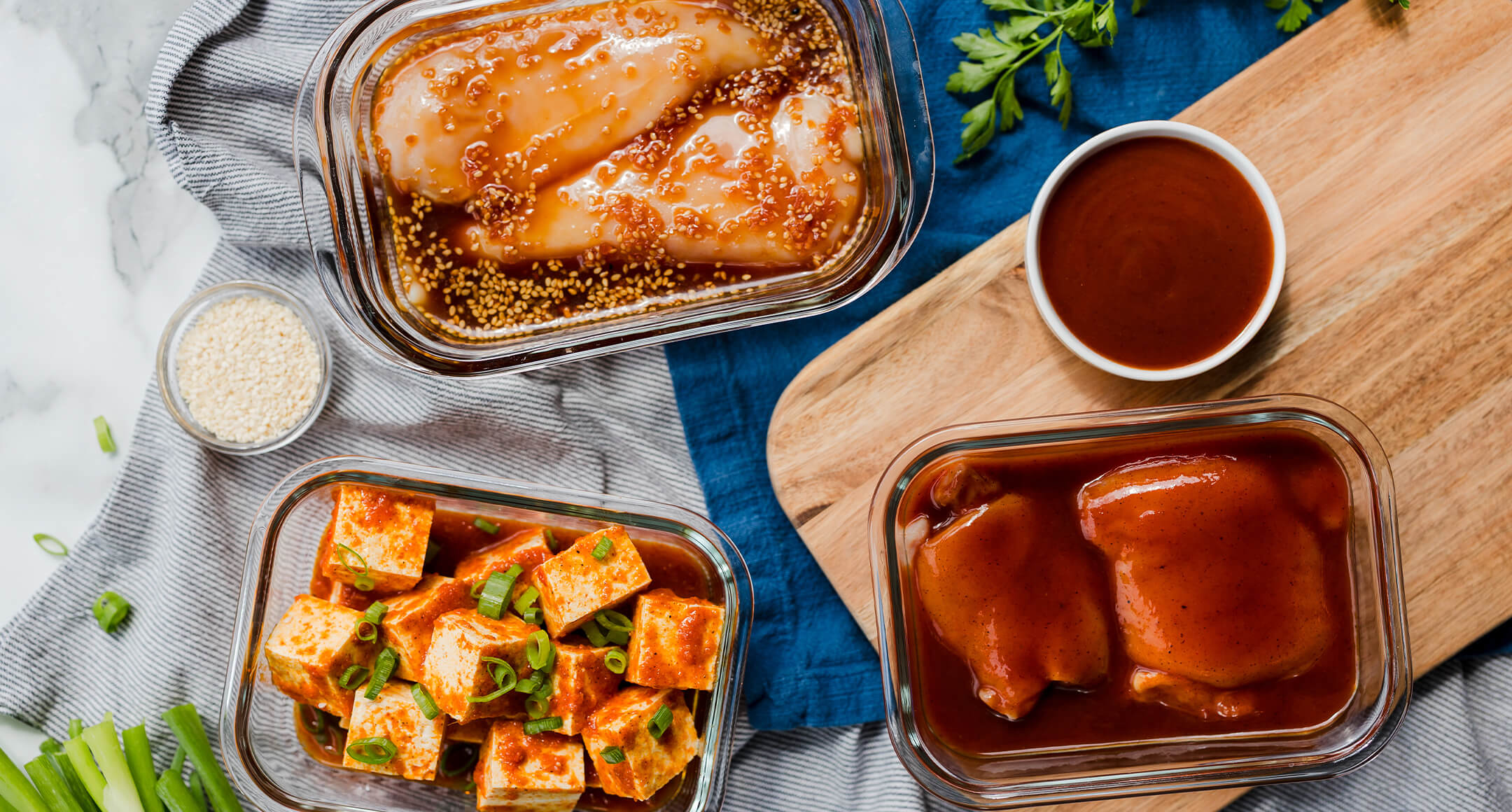 chicken and tofu in various marinades