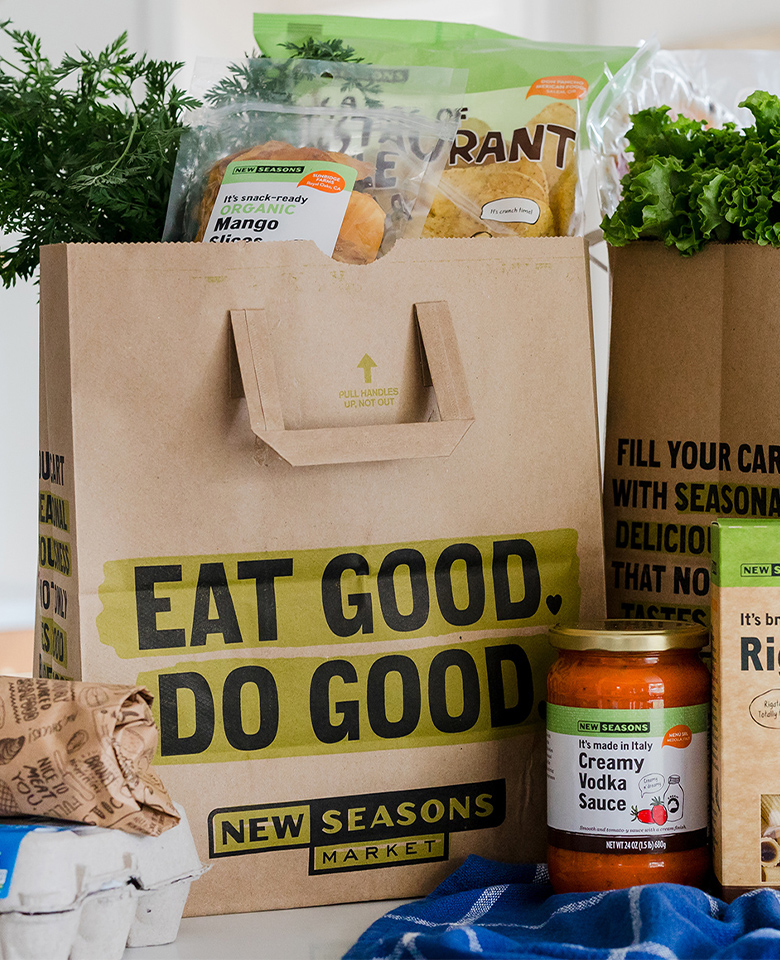 New Seasons barrel bag full of grocery items